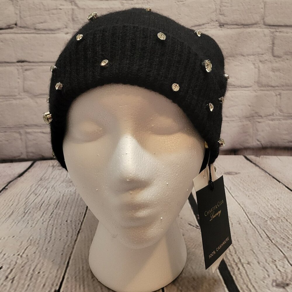 Charter Club Cashmere Embellished Cuffed Beanie- Black